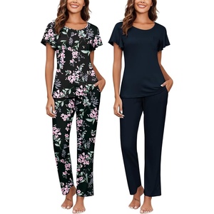 image:imageEkouaer Pajamas for Women Set 2 Piece Comfy Loungewear Lightweight Pjs Sleepwear Short Sleeve Top amp Long Pants with PocketsBlack Flowersnavy Blue