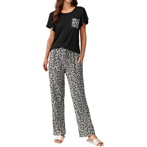 image:imageEkouaer Pajamas for Women Set 2 Piece Comfy Loungewear Lightweight Pjs Sleepwear Short Sleeve Top amp Long Pants with PocketsBlack Leopard