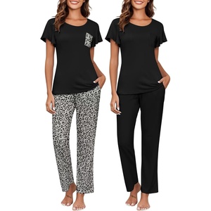 image:imageEkouaer Pajamas for Women Set 2 Piece Comfy Loungewear Lightweight Pjs Sleepwear Short Sleeve Top amp Long Pants with PocketsBlackleopard Print