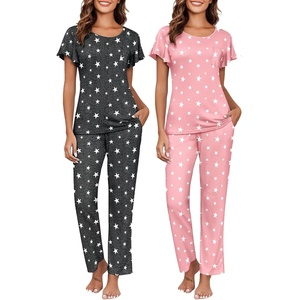 image:imageEkouaer Pajamas for Women Set 2 Piece Comfy Loungewear Lightweight Pjs Sleepwear Short Sleeve Top amp Long Pants with PocketsGray Star  Pink Star