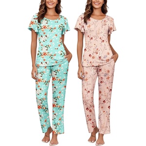 image:imageEkouaer Pajamas for Women Set 2 Piece Comfy Loungewear Lightweight Pjs Sleepwear Short Sleeve Top amp Long Pants with PocketsGreen Flowersbeige Flowers
