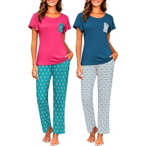 image:imageEkouaer Pajamas for Women Set 2 Piece Comfy Loungewear Lightweight Pjs Sleepwear Short Sleeve Top amp Long Pants with PocketsNavy Leafrose Red Floral
