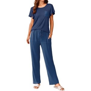 image:imageEkouaer Pajamas for Women Set 2 Piece Comfy Loungewear Lightweight Pjs Sleepwear Short Sleeve Top amp Long Pants with PocketsNavy Polka Dots