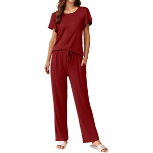 image:imageEkouaer Pajamas for Women Set 2 Piece Comfy Loungewear Lightweight Pjs Sleepwear Short Sleeve Top amp Long Pants with PocketsRed