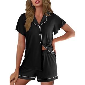 image:imageEkouaer Pajamas for Women Set Button Up Pjs Short Sleeve Ruffle Sleepwear Notch Collar Bride Soft Pj Lounge Sets SXXLBlack