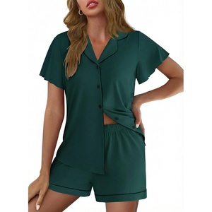 image:imageEkouaer Pajamas for Women Set Button Up Pjs Short Sleeve Ruffle Sleepwear Notch Collar Bride Soft Pj Lounge Sets SXXLGreen