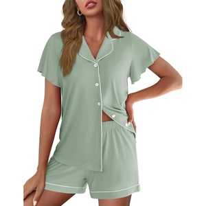 image:imageEkouaer Pajamas for Women Set Button Up Pjs Short Sleeve Ruffle Sleepwear Notch Collar Bride Soft Pj Lounge Sets SXXLLight Green