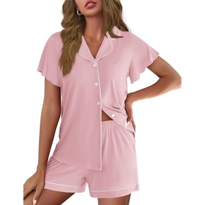 image:imageEkouaer Pajamas for Women Set Button Up Pjs Short Sleeve Ruffle Sleepwear Notch Collar Bride Soft Pj Lounge Sets SXXLLight Pink