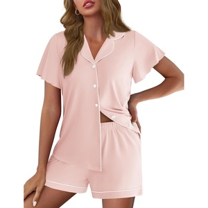 image:imageEkouaer Pajamas for Women Set Button Up Pjs Short Sleeve Ruffle Sleepwear Notch Collar Bride Soft Pj Lounge Sets SXXLPastel Pink