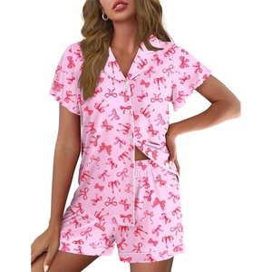 image:imageEkouaer Pajamas for Women Set Button Up Pjs Short Sleeve Ruffle Sleepwear Notch Collar Bride Soft Pj Lounge Sets SXXLPink Bow Tie