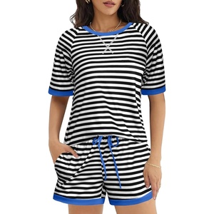 image:imageEkouaer Pajamas for Women Short Sleeve Pjs Sets Crewneck Striped Tops and Shorts 2 Piece Lounge Sets with Pockets SXXLBlack White Stripe