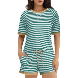 image:imageEkouaer Pajamas for Women Short Sleeve Pjs Sets Crewneck Striped Tops and Shorts 2 Piece Lounge Sets with Pockets SXXLGreen White Stripe
