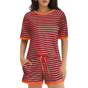 image:imageEkouaer Pajamas for Women Short Sleeve Pjs Sets Crewneck Striped Tops and Shorts 2 Piece Lounge Sets with Pockets SXXLGrey Red Stripe