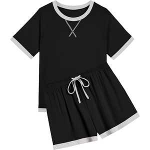 image:imageEkouaer Pajamas for Women Short Sleeve Pjs Sets Crewneck Striped Tops and Shorts 2 Piece Lounge Sets with Pockets SXXLSolidblack