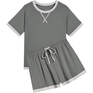 image:imageEkouaer Pajamas for Women Short Sleeve Pjs Sets Crewneck Striped Tops and Shorts 2 Piece Lounge Sets with Pockets SXXLSoliddark Grey
