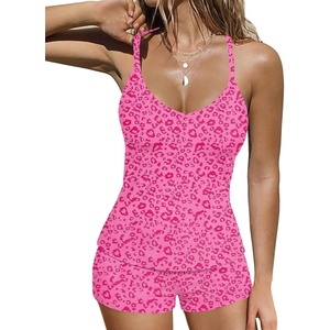 image:imageEkouaer Ribbed Cami Pajamas Set 2 Piece Rib Knit Camisoles Pjs Racerback Tank Top with Shorts Lounge Sets for WomenPink Leopard