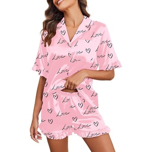 image:imageEkouaer Satin Pajama Set for Women Button Down Silk 2 Piece Pj Sets Ruffle Short Sleeve SleepwearPink Love