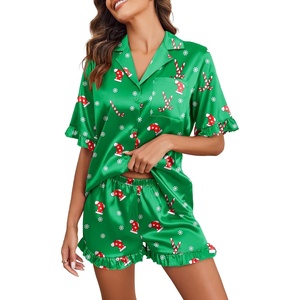 image:imageEkouaer Satin Pajama Set for Women Button Down Silk 2 Piece Pj Sets Ruffle Short Sleeve SleepwearZchristmas Green