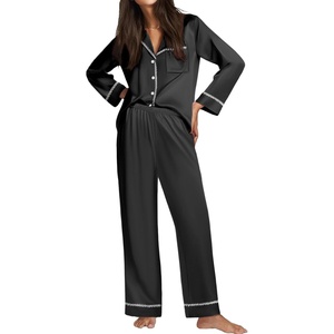 image:imageEkouaer Satin Pajama Set for Women Silky Sleepwear Long Sleeve Top and Pants Button Down Pjs Lounge SetBlack