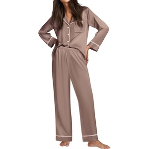 image:imageEkouaer Satin Pajama Set for Women Silky Sleepwear Long Sleeve Top and Pants Button Down Pjs Lounge SetBrown