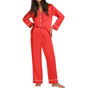 image:imageEkouaer Satin Pajama Set for Women Silky Sleepwear Long Sleeve Top and Pants Button Down Pjs Lounge SetRed