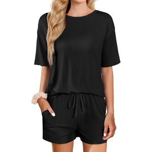 image:imageEkouaer Short Sleeve Pajamas Set Ribbed Knit Lounge Sets for Women Pjs Shorts Set Two Piece Shorts Outfits SetBlack
