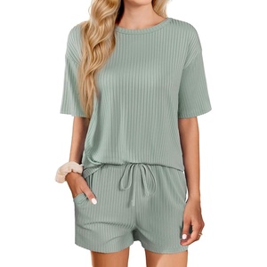 image:imageEkouaer Short Sleeve Pajamas Set Ribbed Knit Lounge Sets for Women Pjs Shorts Set Two Piece Shorts Outfits SetLight Green