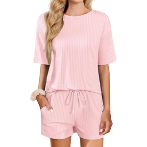 image:imageEkouaer Short Sleeve Pajamas Set Ribbed Knit Lounge Sets for Women Pjs Shorts Set Two Piece Shorts Outfits SetLight Pink