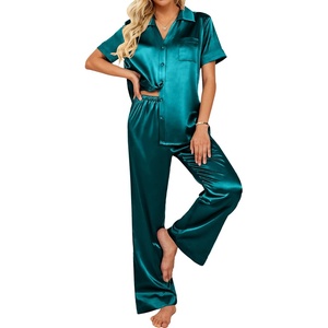 image:imageEkouaer Silk Pajamas for Womens Set 2 Piece Satin Pjs Soft Button Down Sleepwear Wide Leg Long Pants with PocketsBlue Green