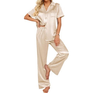 image:imageEkouaer Silk Pajamas for Womens Set 2 Piece Satin Pjs Soft Button Down Sleepwear Wide Leg Long Pants with PocketsChampagne