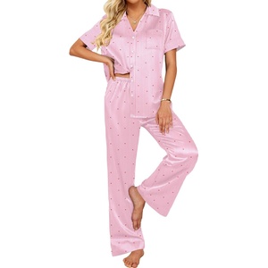 image:imageEkouaer Silk Pajamas for Womens Set 2 Piece Satin Pjs Soft Button Down Sleepwear Wide Leg Long Pants with PocketsPink Stripeheart