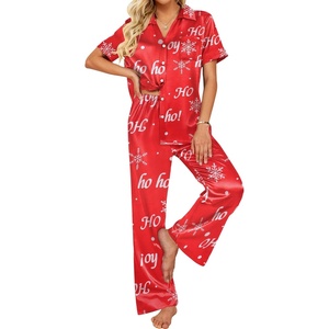 image:imageEkouaer Silk Pajamas for Womens Set 2 Piece Satin Pjs Soft Button Down Sleepwear Wide Leg Long Pants with PocketsRedchristmas