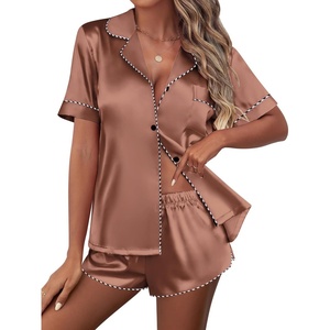 image:imageEkouaer Silk Satin Pajama Sets Contrast Piping Pj Sets Button Down Lounge Sets Bridal Wedding HoneymoonsBrown