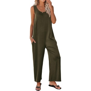 image:imageEkouaer Sleeveless Jumpsuits for Women Casual Summer Scoop Neck Tank Rompers Wide Leg Pants Overall Jumpers with PocketsArmy Green