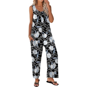 image:imageEkouaer Sleeveless Jumpsuits for Women Casual Summer Scoop Neck Tank Rompers Wide Leg Pants Overall Jumpers with PocketsBlackWhite Flower