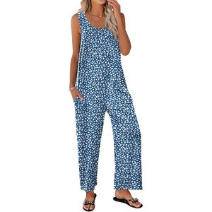 image:imageEkouaer Sleeveless Jumpsuits for Women Casual Summer Scoop Neck Tank Rompers Wide Leg Pants Overall Jumpers with PocketsBlue Flower