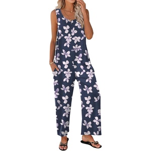 image:imageEkouaer Sleeveless Jumpsuits for Women Casual Summer Scoop Neck Tank Rompers Wide Leg Pants Overall Jumpers with PocketsBlueWhite Flower