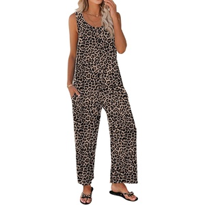 image:imageEkouaer Sleeveless Jumpsuits for Women Casual Summer Scoop Neck Tank Rompers Wide Leg Pants Overall Jumpers with PocketsLeopard