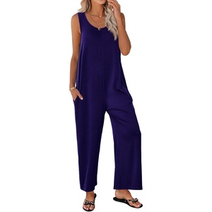 image:imageEkouaer Sleeveless Jumpsuits for Women Casual Summer Scoop Neck Tank Rompers Wide Leg Pants Overall Jumpers with PocketsNavy Blue
