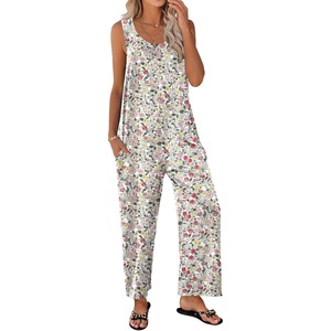 image:imageEkouaer Sleeveless Jumpsuits for Women Casual Summer Scoop Neck Tank Rompers Wide Leg Pants Overall Jumpers with PocketsPink Flower