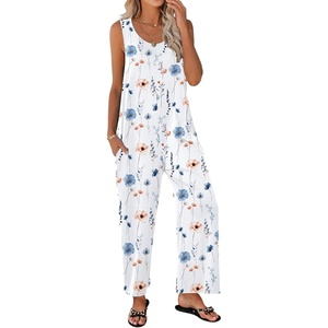 image:imageEkouaer Sleeveless Jumpsuits for Women Casual Summer Scoop Neck Tank Rompers Wide Leg Pants Overall Jumpers with PocketsWhiteWatercolor Flowers