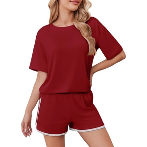 image:imageEkouaer Soft Pajamas set for Women Loose Lounge Set Crew Neck TShirts Top and Sport Shorts Tracksuit with PocketsDark Red