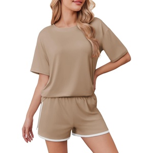 image:imageEkouaer Soft Pajamas set for Women Loose Lounge Set Crew Neck TShirts Top and Sport Shorts Tracksuit with PocketsKhaki