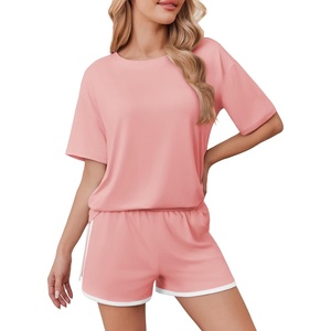 image:imageEkouaer Soft Pajamas set for Women Loose Lounge Set Crew Neck TShirts Top and Sport Shorts Tracksuit with PocketsLight Coral
