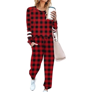 image:imageEkouaer Sweatsuits Womens Loungewear Set Tracksuit Long Sleeve Pajamas Set with Pockets 2 Piece Outfits Lounge SetsPlaid Black Red