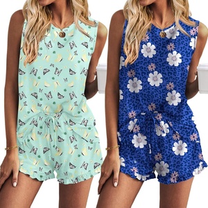 image:imageEkouaer Women Lightweight Summer Pajama Soft Pj Set Sleepwear Tank Top Shorts with Pocket Loungewear Set SXXLGreen Butterfly and Blue Flower
