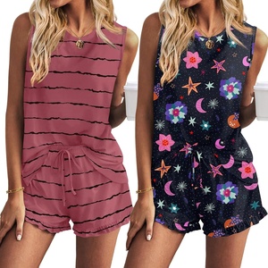 image:imageEkouaer Women Lightweight Summer Pajama Soft Pj Set Sleepwear Tank Top Shorts with Pocket Loungewear Set SXXLPink Stripes and Black Print