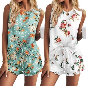 image:imageEkouaer Women Lightweight Summer Pajama Soft Pj Set Sleepwear Tank Top Shorts with Pocket Loungewear Set SXXLWhite Flower Green