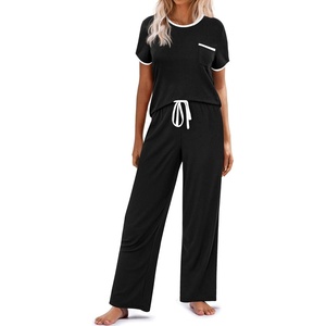 image:imageEkouaer Women Lounge Pajamas Sets Ribbed Knit PJ Short Sleeve and Long Pajama Pant Soft 2 Piece Sleepwear Loungwear SetBlack