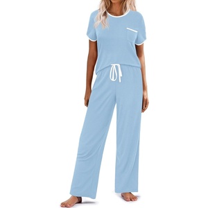 image:imageEkouaer Women Lounge Pajamas Sets Ribbed Knit PJ Short Sleeve and Long Pajama Pant Soft 2 Piece Sleepwear Loungwear SetClear Blue
